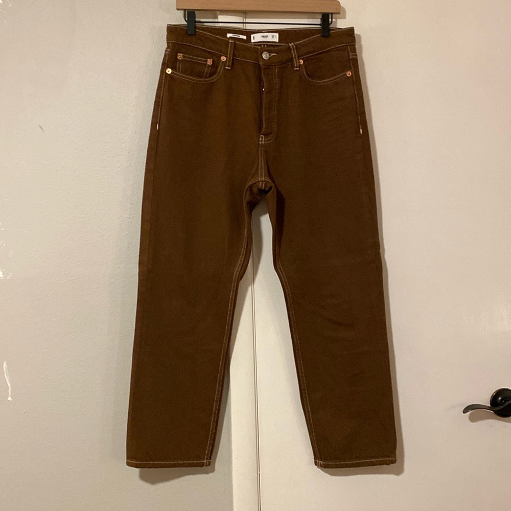 Mango MNG Havana High Rise Brown Straight Leg Jeans w/ White Contrast Stitching